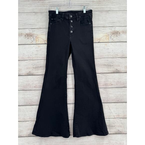 American Eagle Button Fly Festival Flare Jeans Womens 6 Regular Black Stretch - Picture 1 of 12